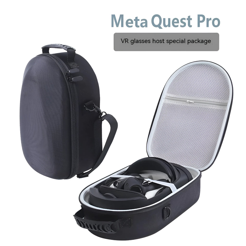 Black EVA nylon storage bag for Meta Quest Pro with zipper and carrying strap