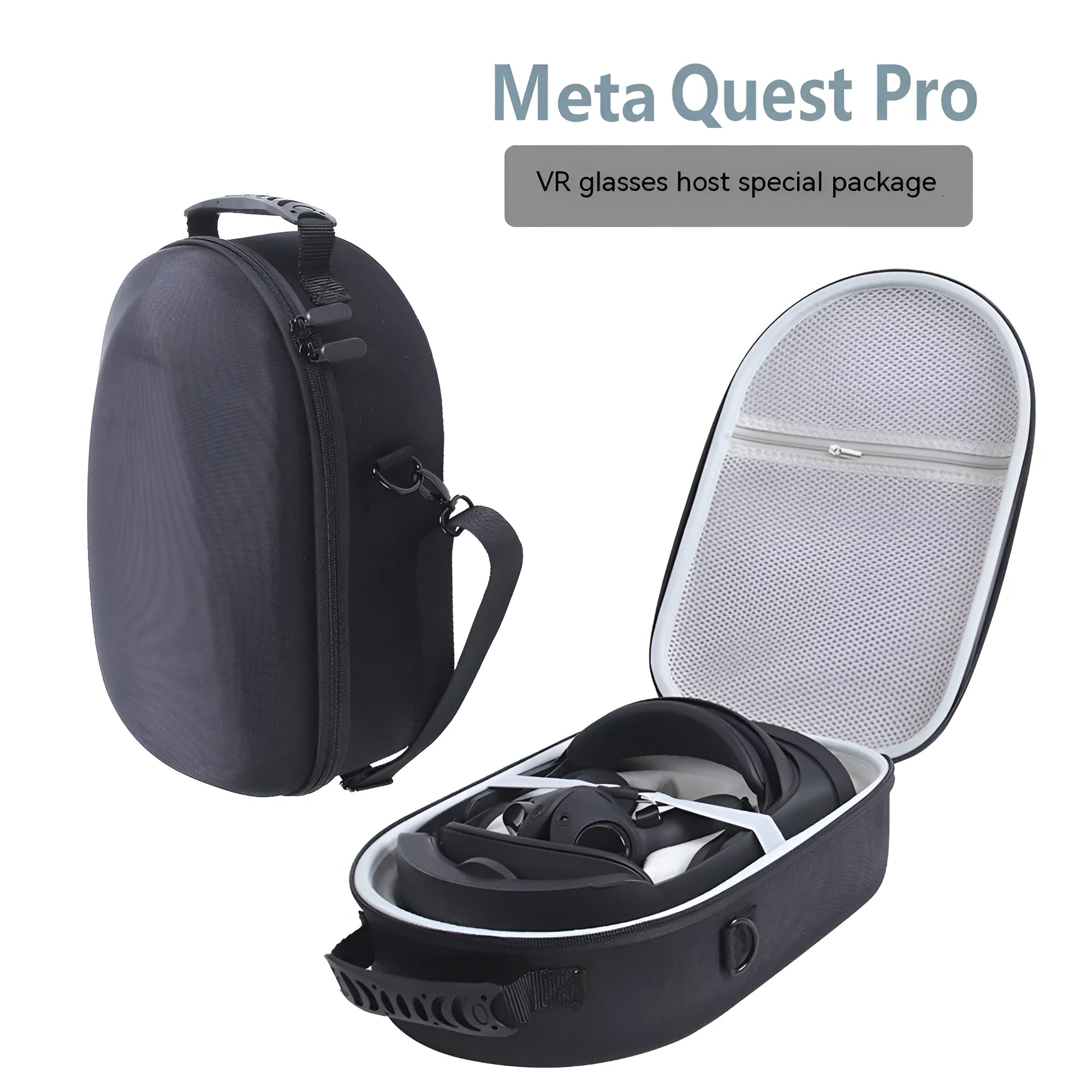 Black EVA nylon storage bag for Meta Quest Pro with zipper and carrying strap