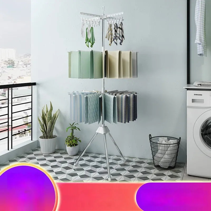 Three-layer stainless steel mobile drying rack with plastic clips for socks and delicate items