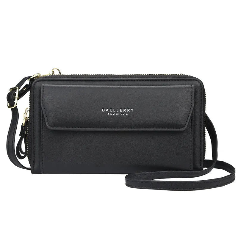 Ladies long wallet in PU leather with double zipper, horizontal square shape, shown in multiple colour options
