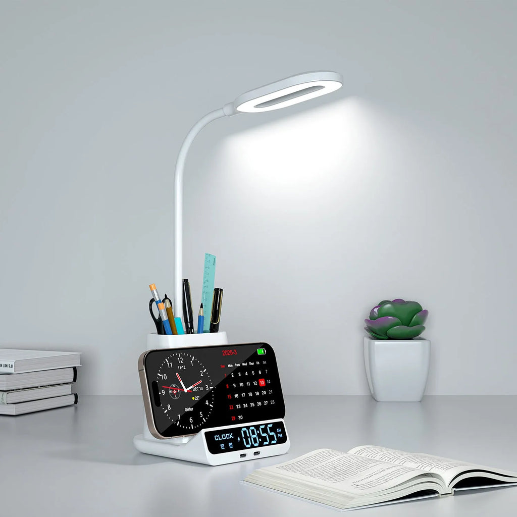 Modern black desk lamp with wireless charging top and built-in pen holder storage compartment.
