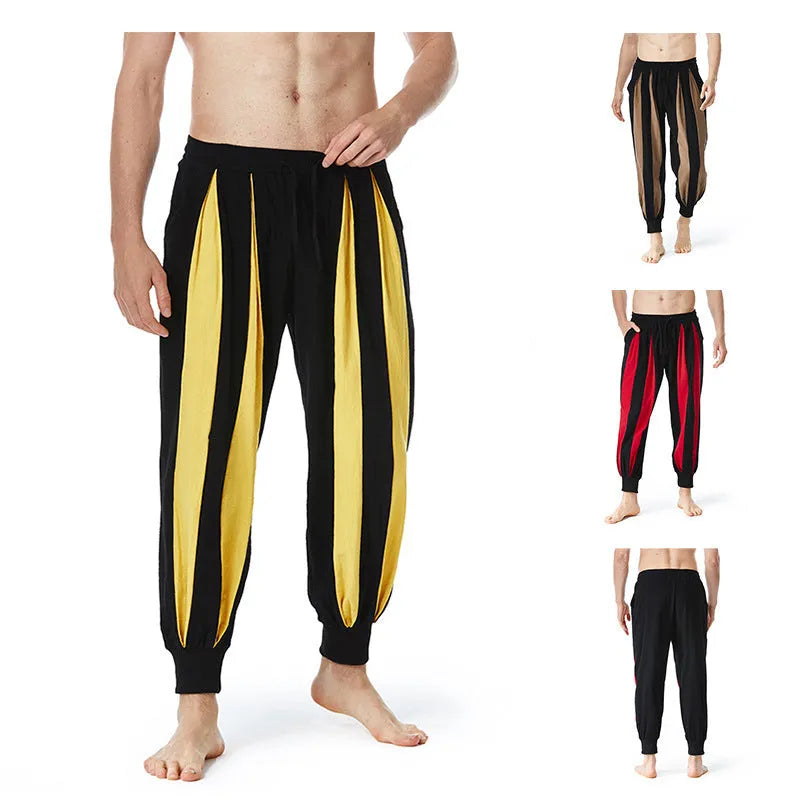 Men's straight-leg casual trousers in four colour options showing front and back views