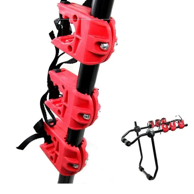Black and red trunk mounted car bike rack with tie rope fastening, showing iron frame and sponge padding.