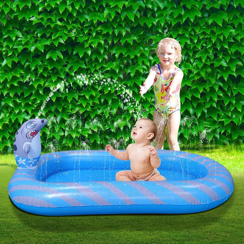 Blue dinosaur water spray pool for kids outdoor play measuring 170cm