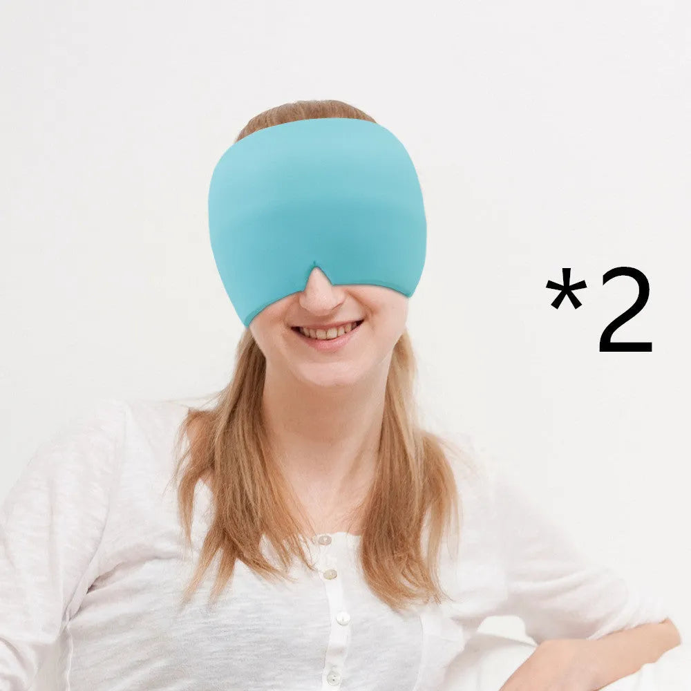 Black elastic ice gel headache relief eye mask shown on a mannequin head, adjustable for 42-66cm circumference.