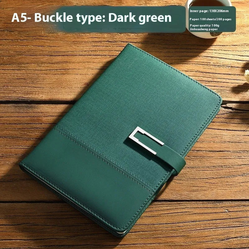 A5 leather notebook in choice of colours with gift box, open to show wood-free paper.