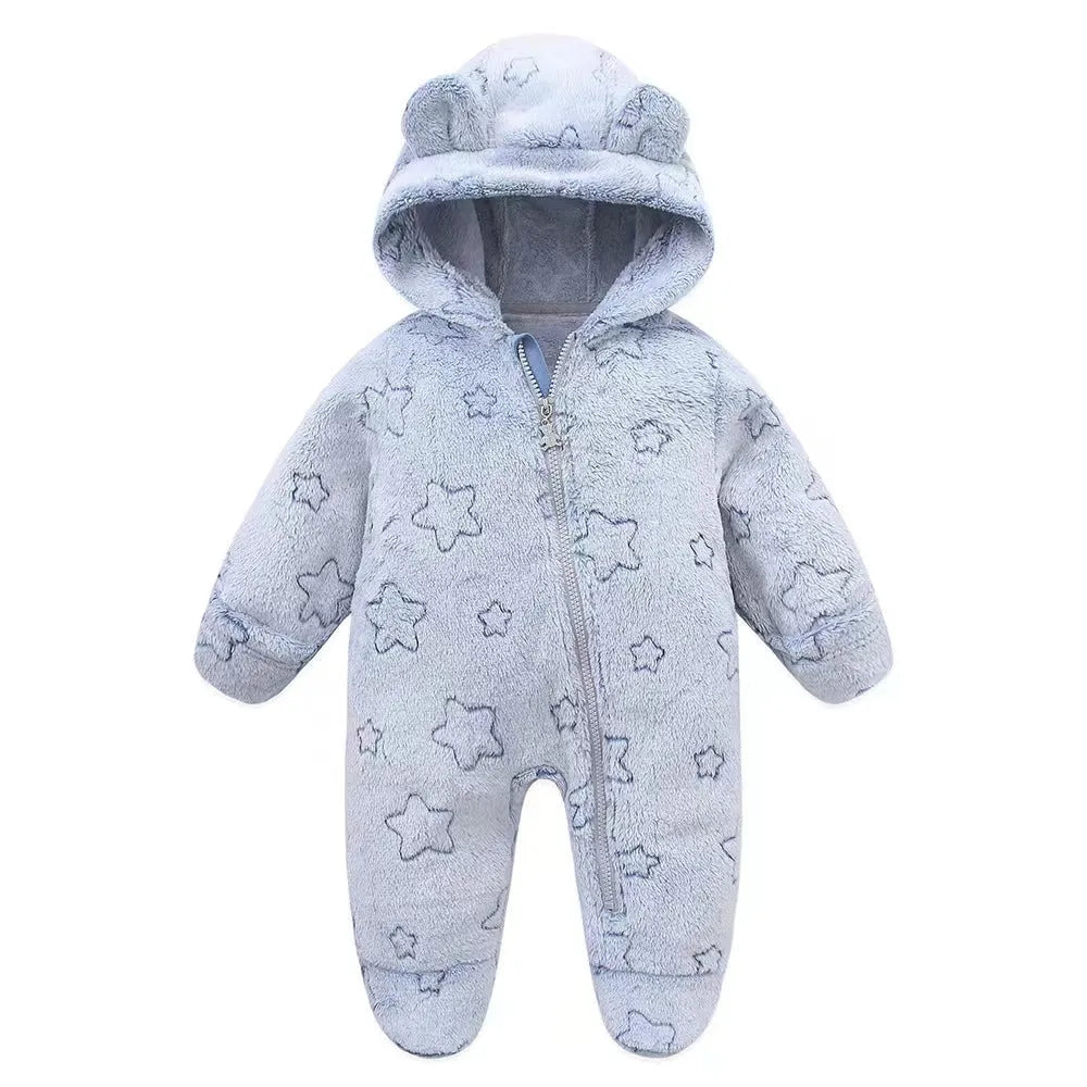 Flannel baby jumpsuit in grey with long climbing style and hide hooks closure for warmth