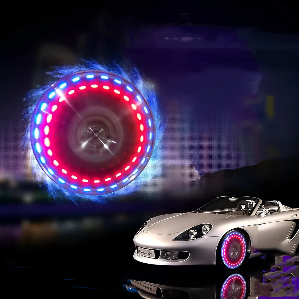 Colourful solar powered wheel hub lamp valve on a car tyre with intelligent induction system