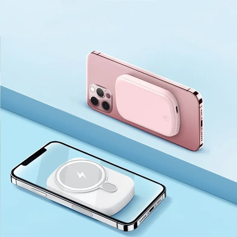 Magsafe magnetic wireless power bank in black, purple, pink, or white colour with creative design.