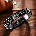 Men's titanium steel bracelet with curved heart shape featuring black personalisation text