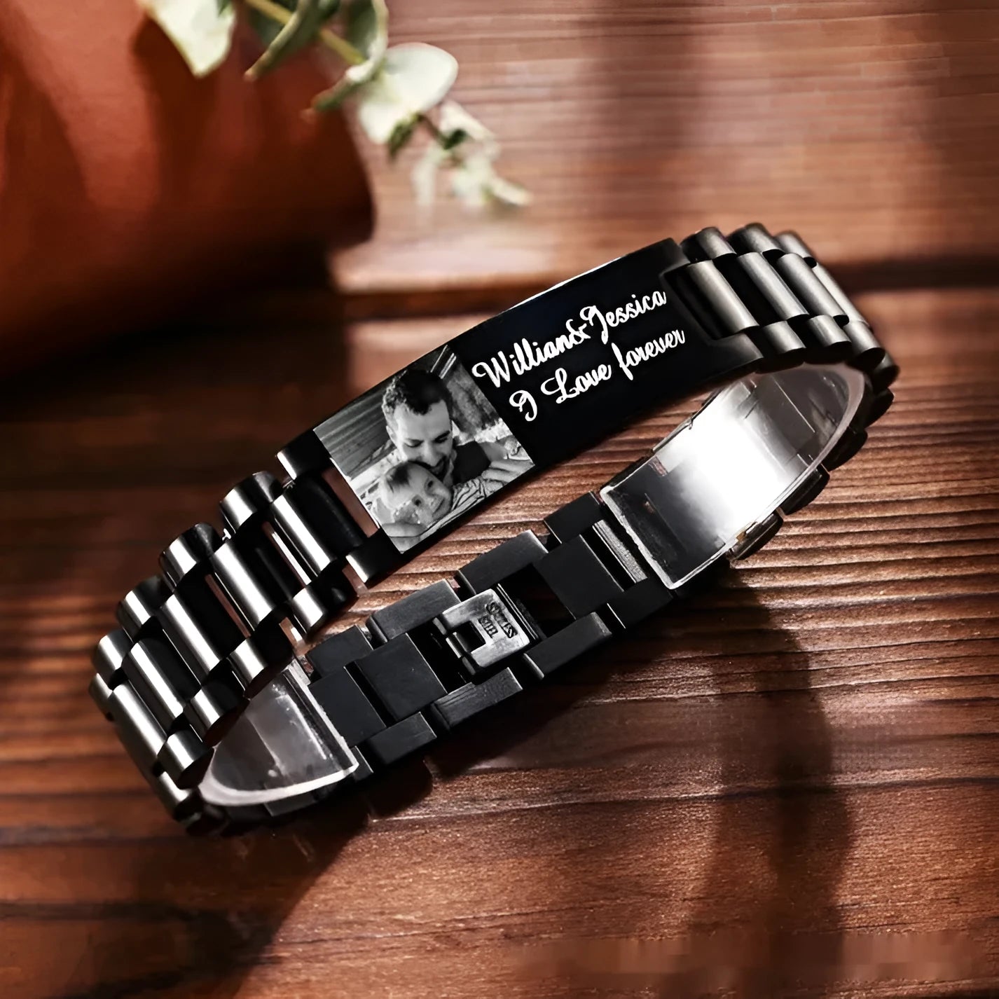 Men's titanium steel bracelet with curved heart shape featuring black personalisation text