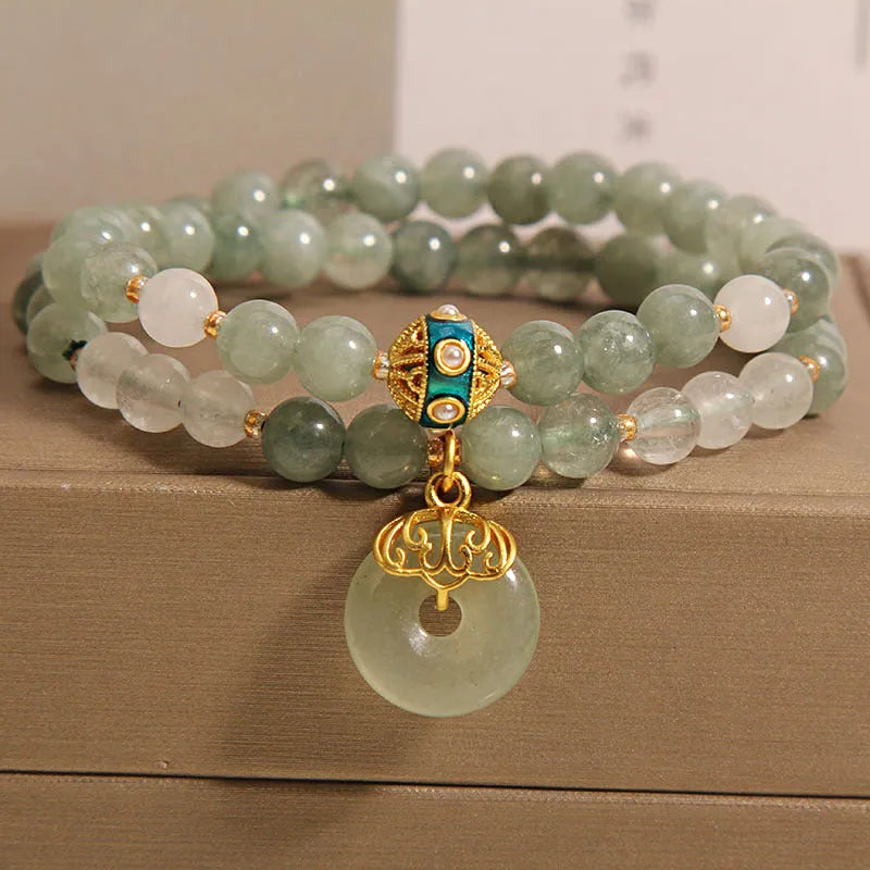 Women's aventurine double-layer crystal bracelet with oil green jade elements and peace buckle closure