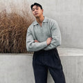 Men's knitted half-zip turn-down collar jacket in ice silk fabric, slim fit, solid pattern