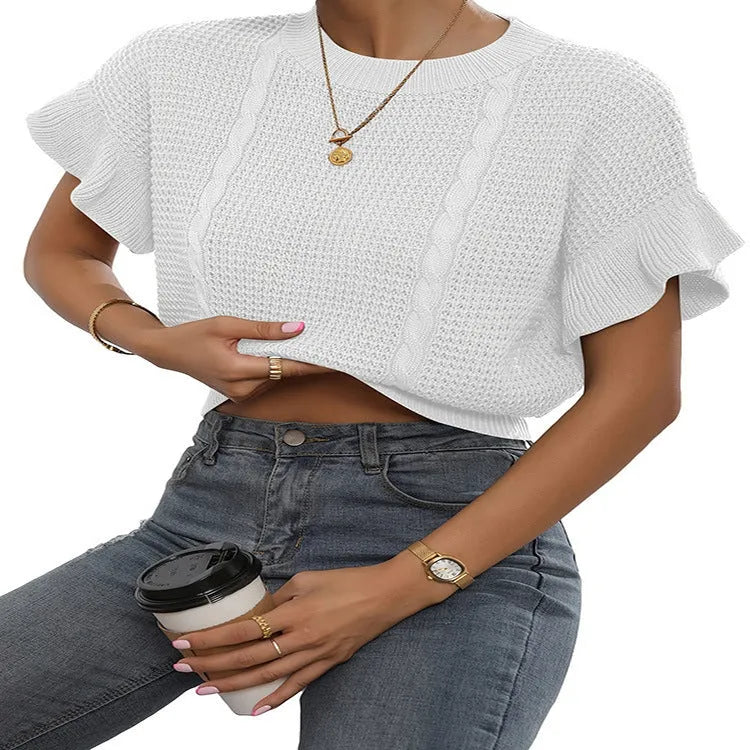 Twisted string knitted pullover sweater with ruffle sleeves in loose Japanese Korean casual style