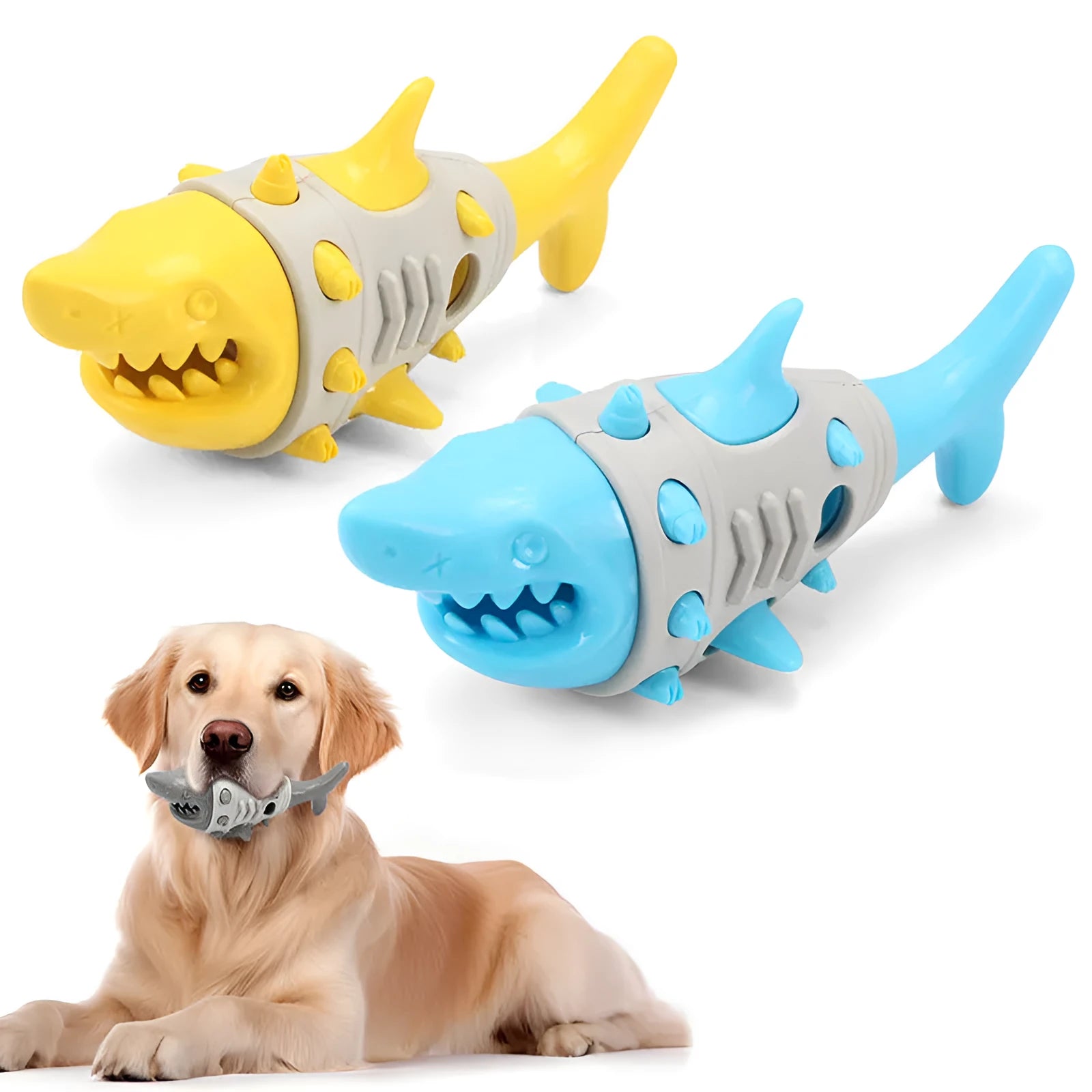 Blue rubber dog chew toy with shark-tooth texture and venting channels for teething puppies