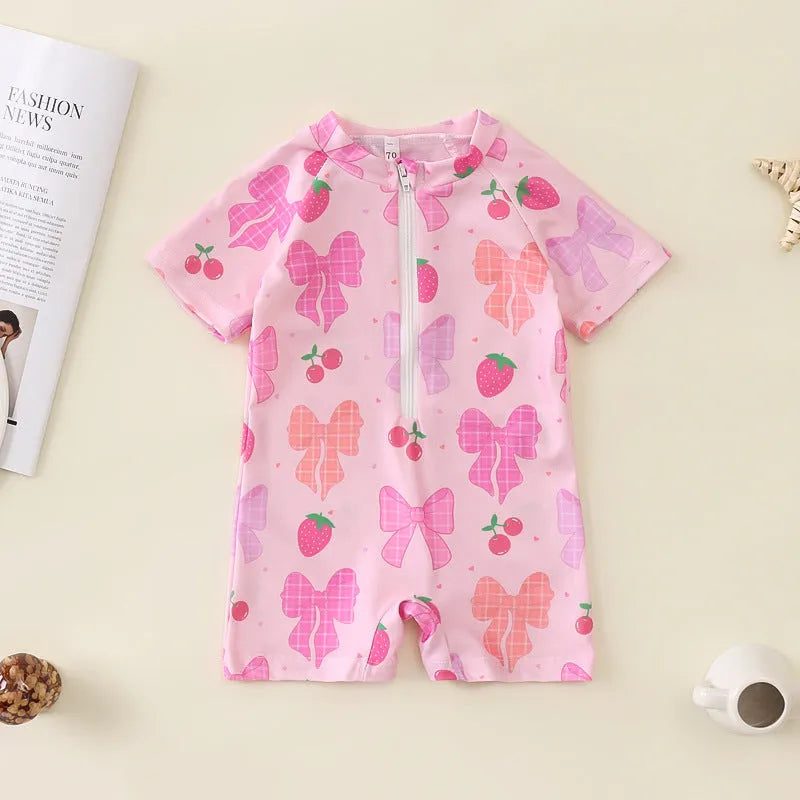Bowknot girls' one-piece swimsuit in polyester with full cherry flower print for babies