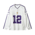 Digital printed long-sleeved V-neck t-shirt in polyester jersey fabric, loose fit with contrast colour detailing