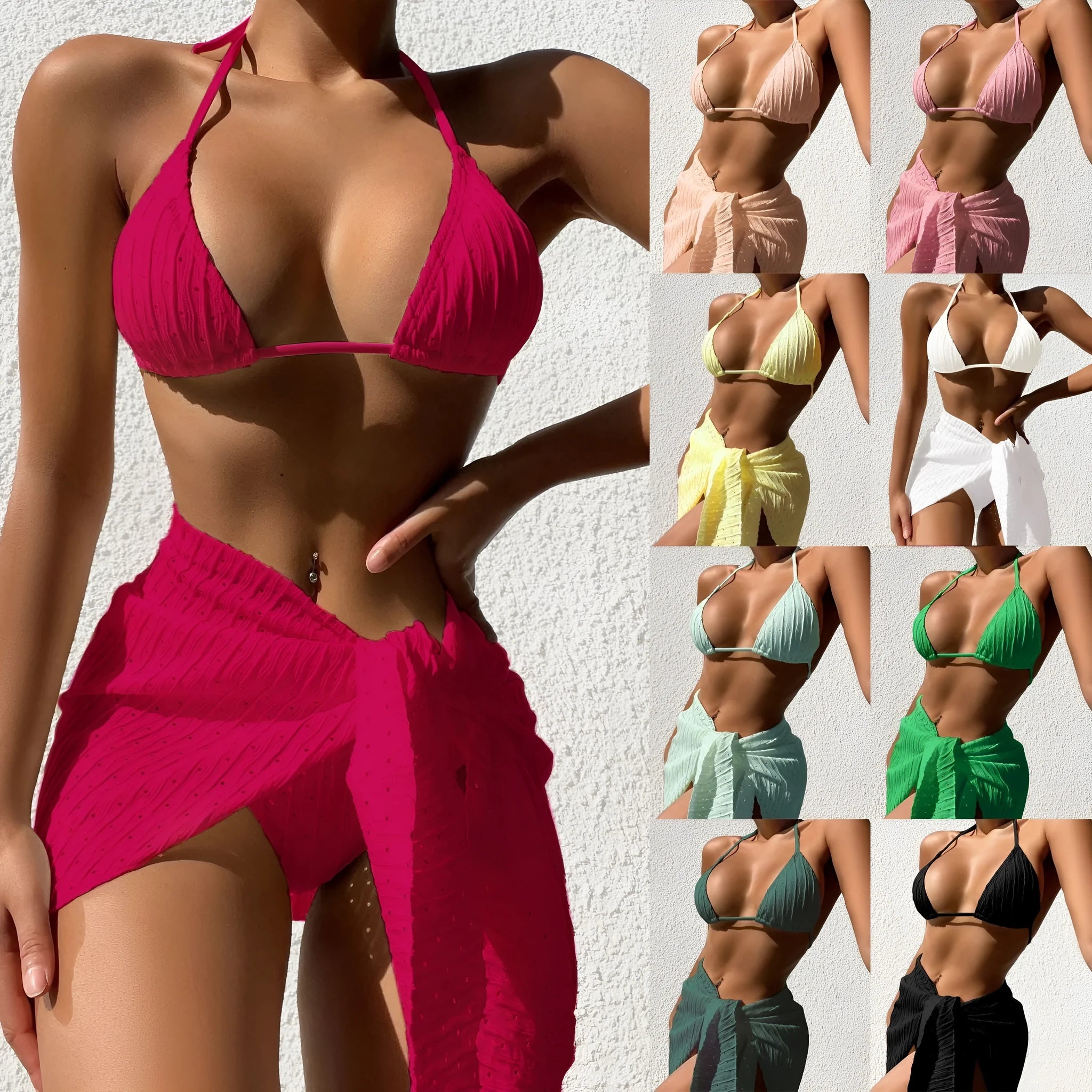 Women's solid colour halterneck bikini set with a matching mesh skirt, shown in multiple colour options.