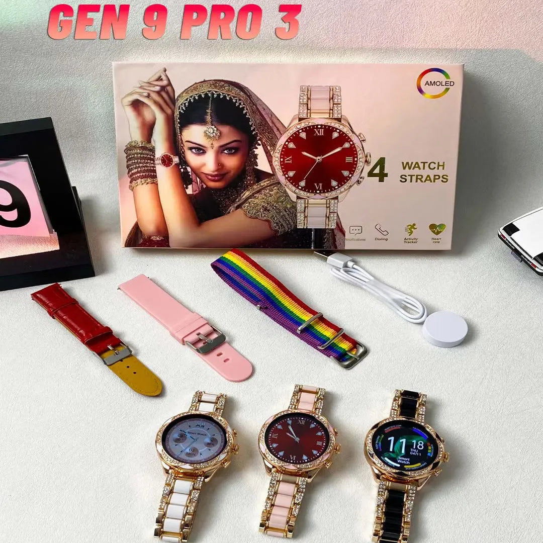 Ladies smartwatch with heart rate and blood pressure monitor, black colour, with four interchangeable watchband options