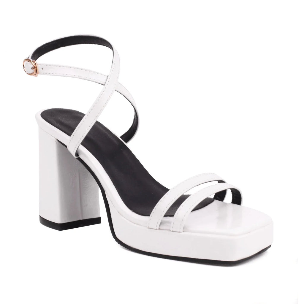Square toe high heels with thin strap buckle and wide strap, microfiber upper, six colours, sizes 35-43