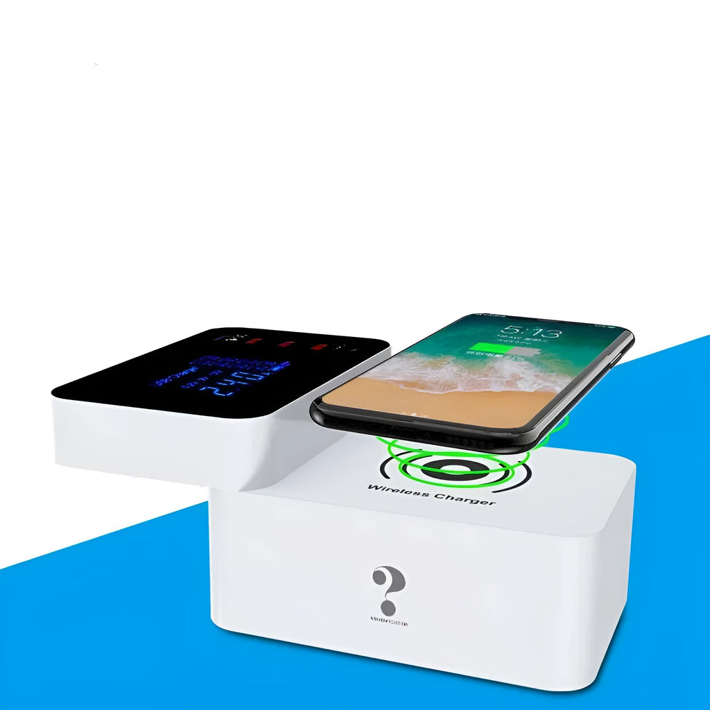White multi-port USB fast charger with wireless charging pad and EU, UK, US plug adapters on a desk.