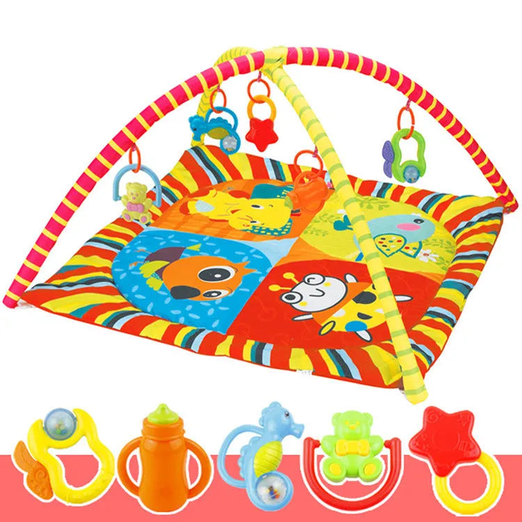 Velvet baby gymnastic rack game blanket with small animal design for grasping play.