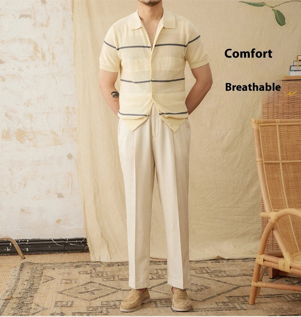 Man's camel coloured lapel cardigan with short sleeves, made from a cotton and linen blend fabric.