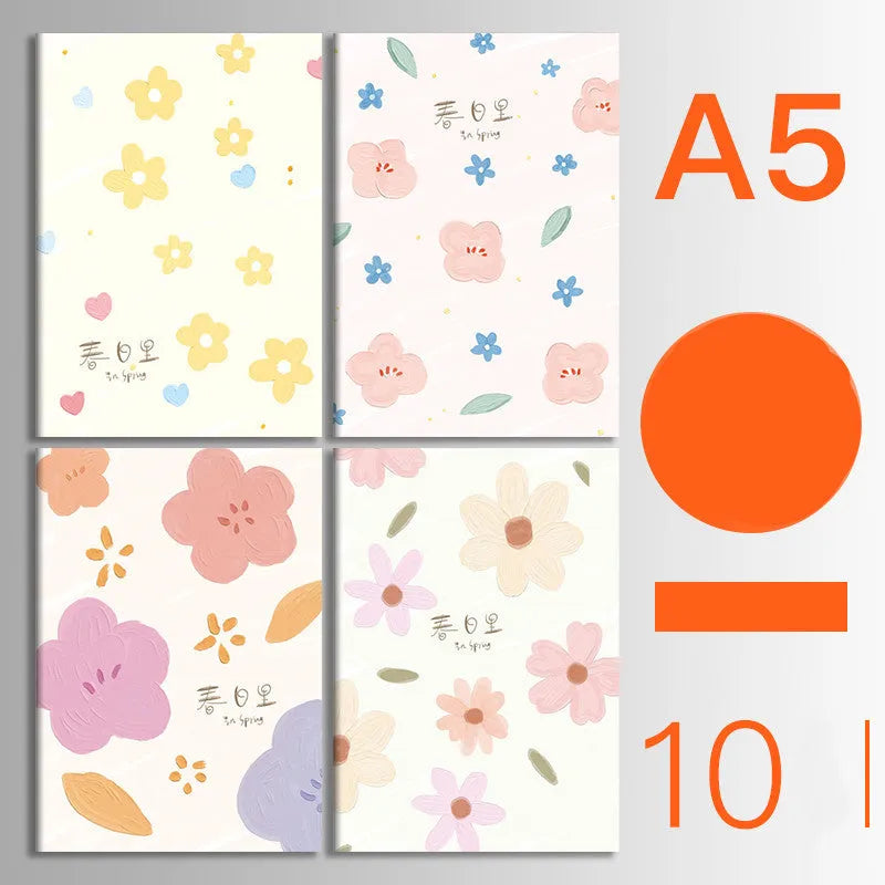 Pack of 10 A5 and B5 soft cover kraft paper notebooks with various designs, showing thread binding.