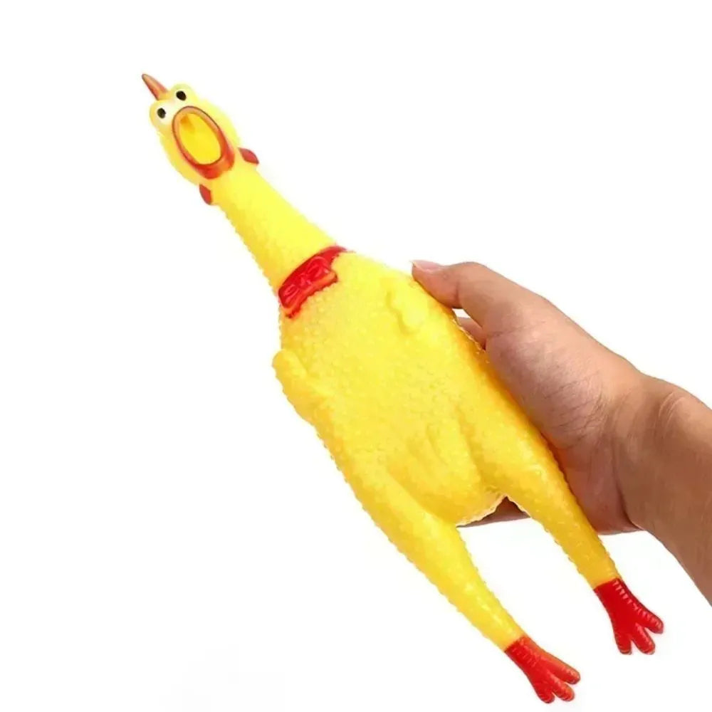 Yellow rubber squeaking chicken dog toy shown in three different sizes for pet play