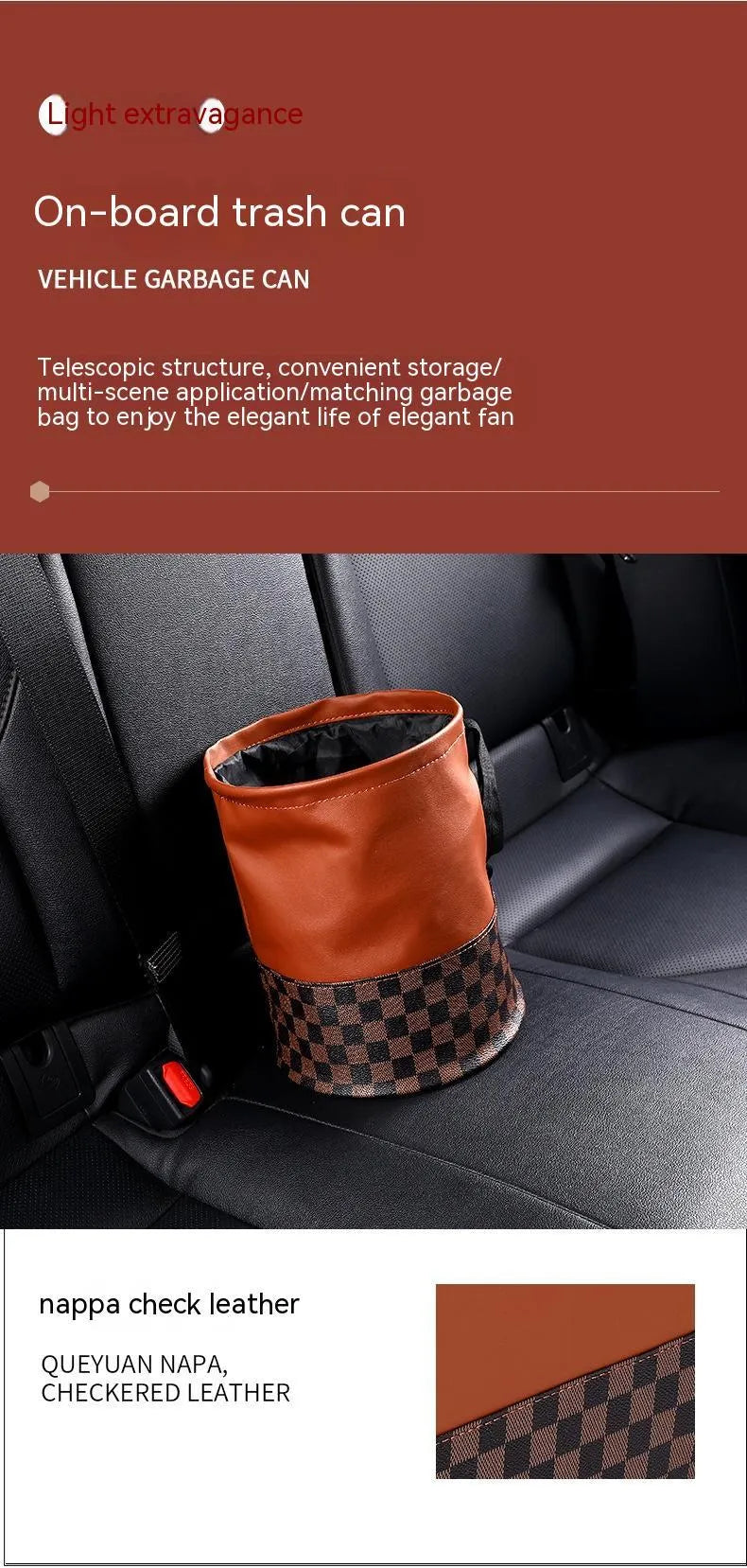 Leather folding car interior trash can shown in single colour option with handle