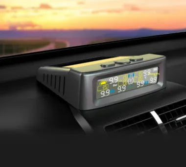 T12 six-wheel solar TPMS monitor with external sensors for RV and truck, 0-9.9 bar 0-144 psi, ABS PC housing.