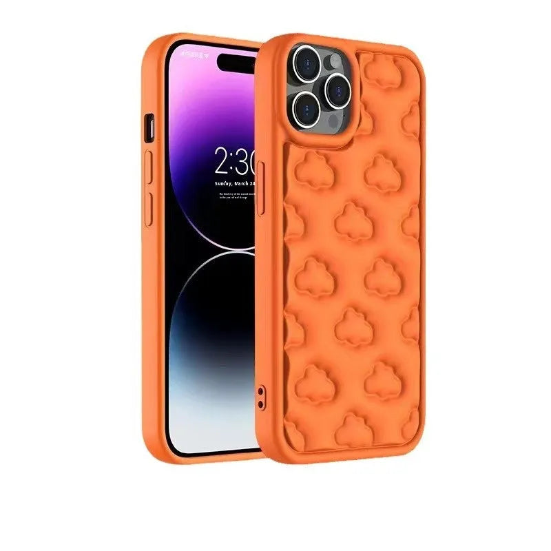 Hand oil three-dimensional cloud TPU phone case for iPhone with embossed floral pattern, black colour, displaying full back and edge coverage.