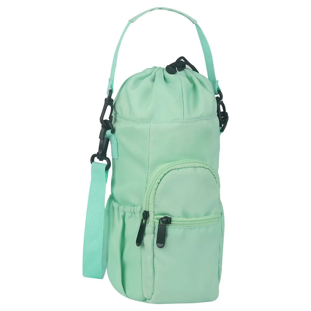 Canvas water bottle pouch with crossbody strap in black, green, or pink colour