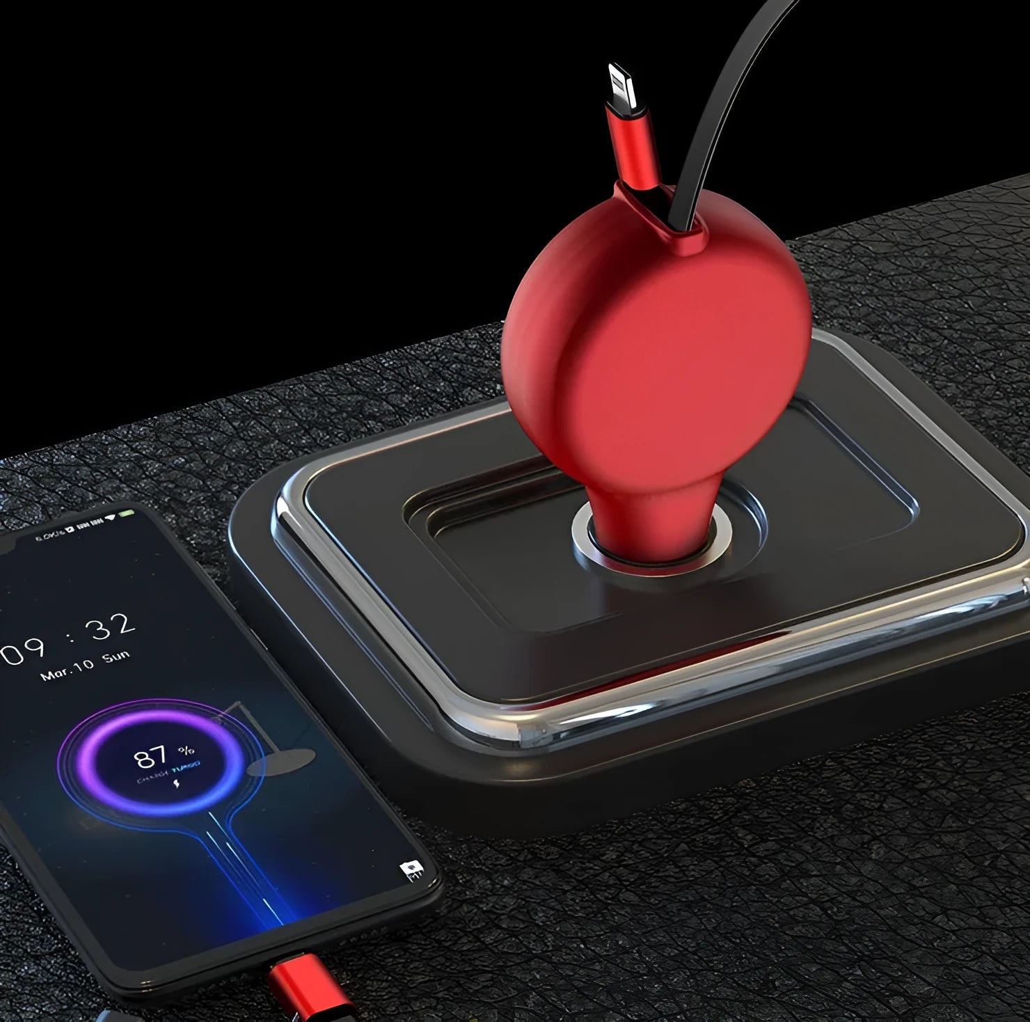 Black retractable car charger with two cables extended, showing USB-A, Type-C, and Lightning ports.