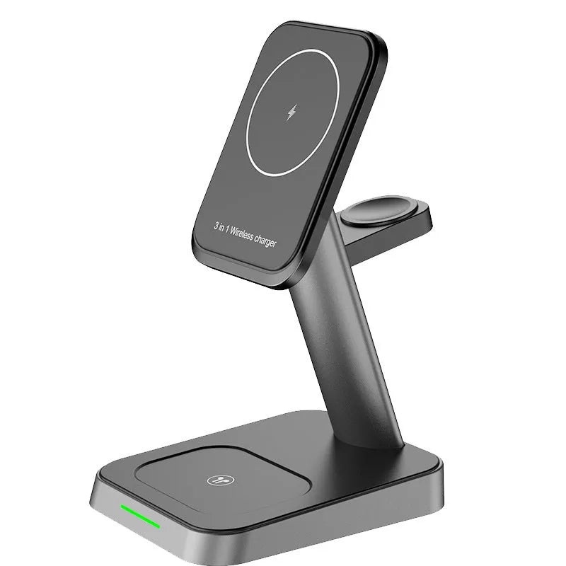 Black vertical wireless charger showing phone charging position and integrated watch charging area
