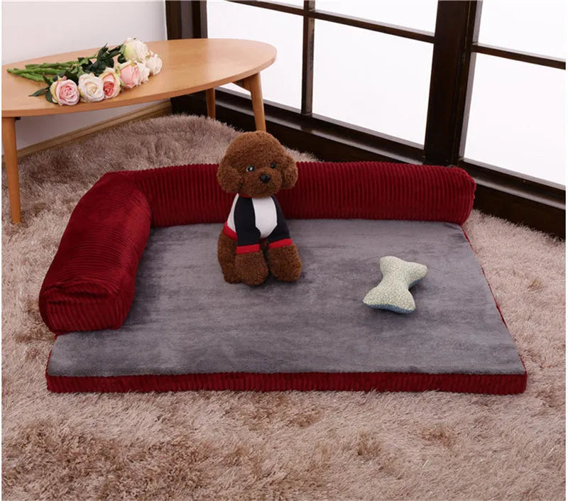 Corduroy dog sofa bed with bolster sides in grey colour on wooden floor