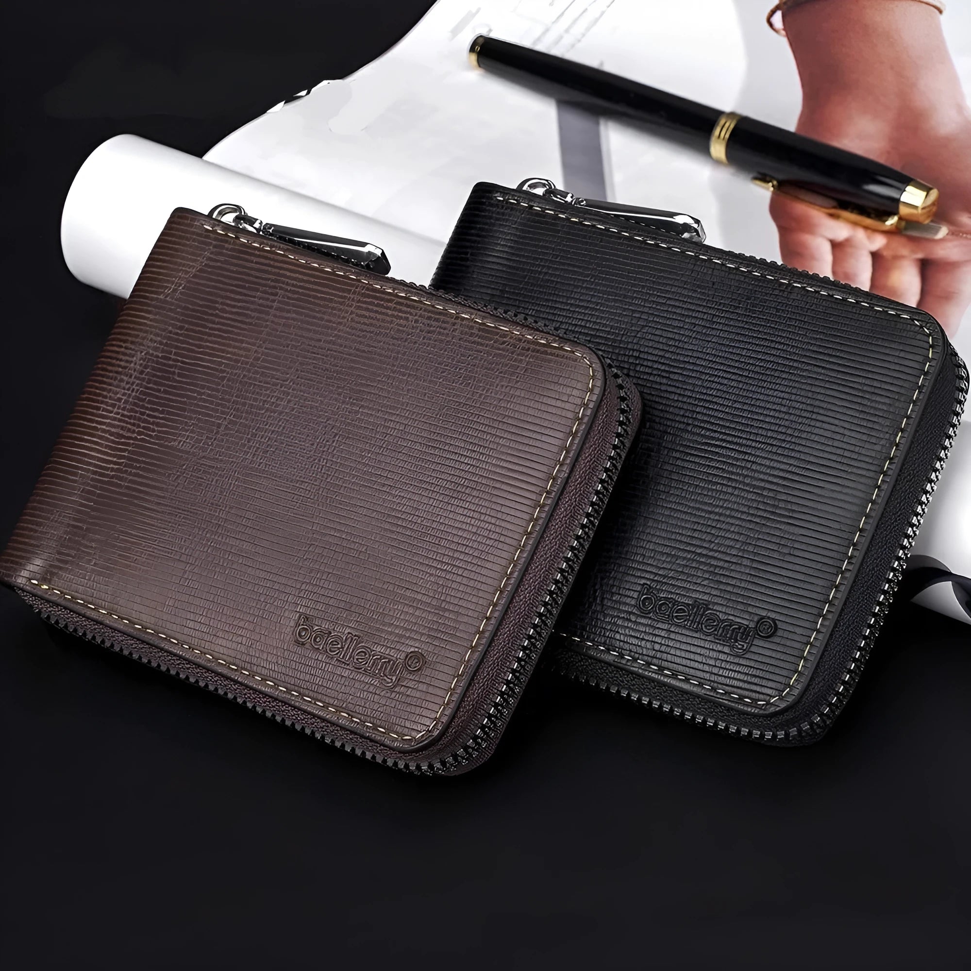 Leather-style anti-theft credit card wallet with zipper closure in black embossed design