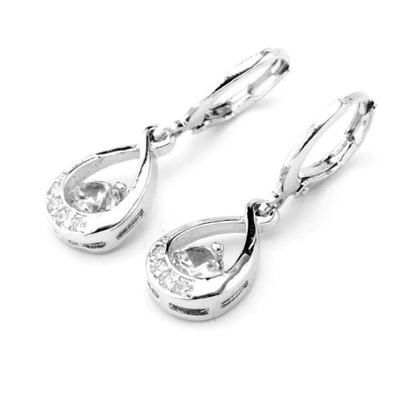 Copper water drop earrings with inlaid zircon, shown in white, yellow, red, purple, green, blue and pink