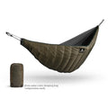 Army green camping hammock with sleeping bag measuring 238cm by 130cm, showing compression bag and fixed clips