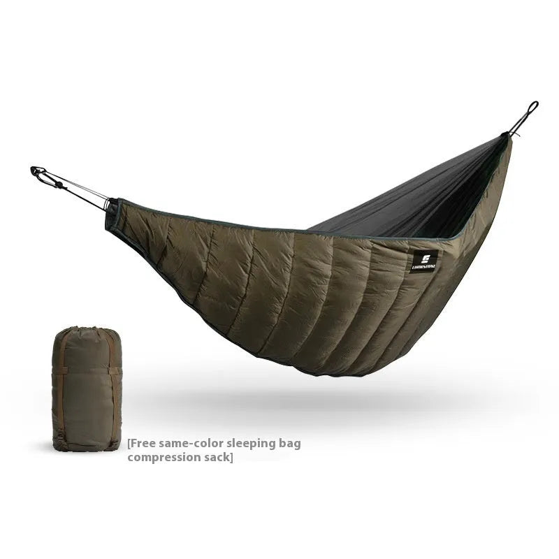 Army green camping hammock with sleeping bag measuring 238cm by 130cm, showing compression bag and fixed clips