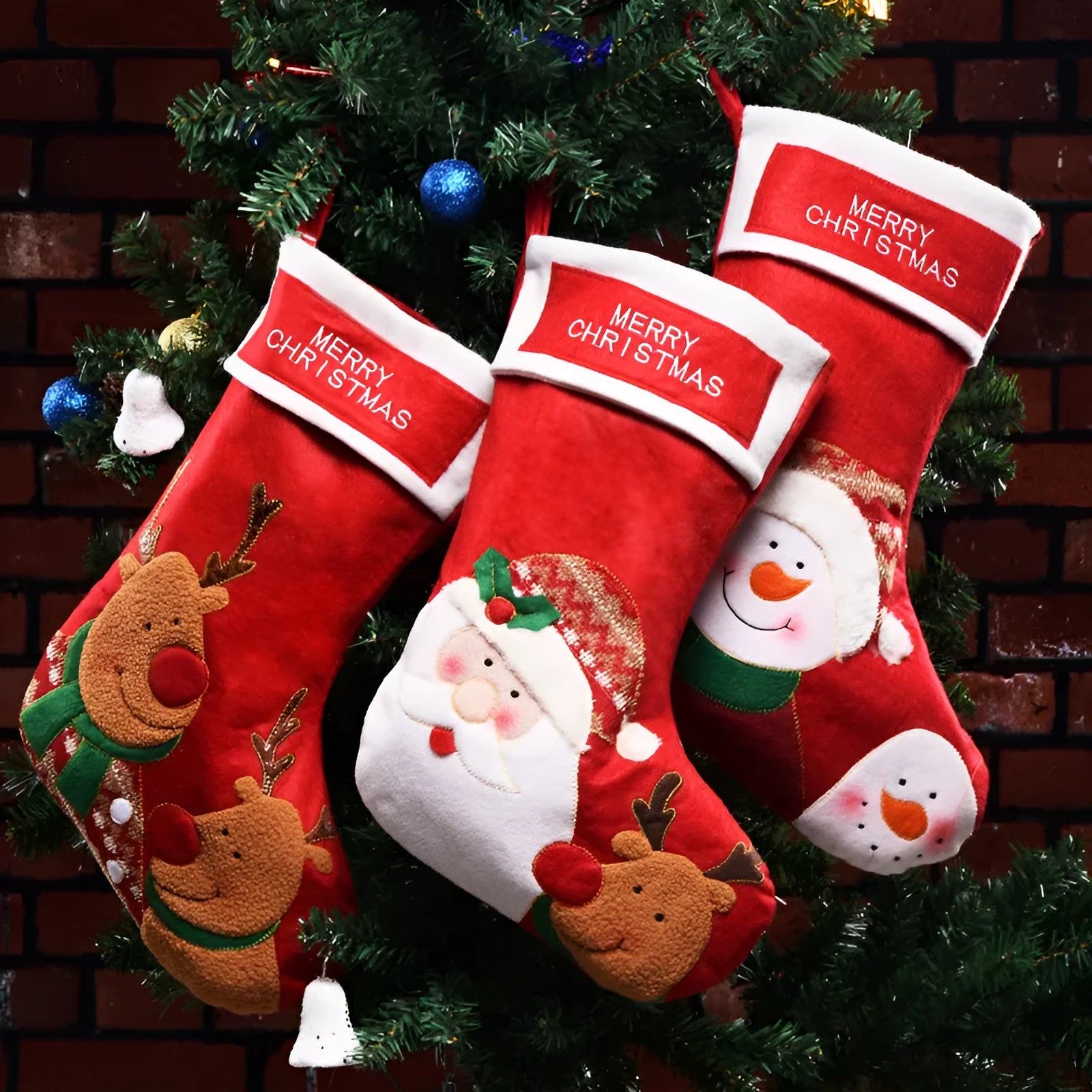Non-woven fabric Christmas stocking pendant decoration with elk, old man, and snowman designs.