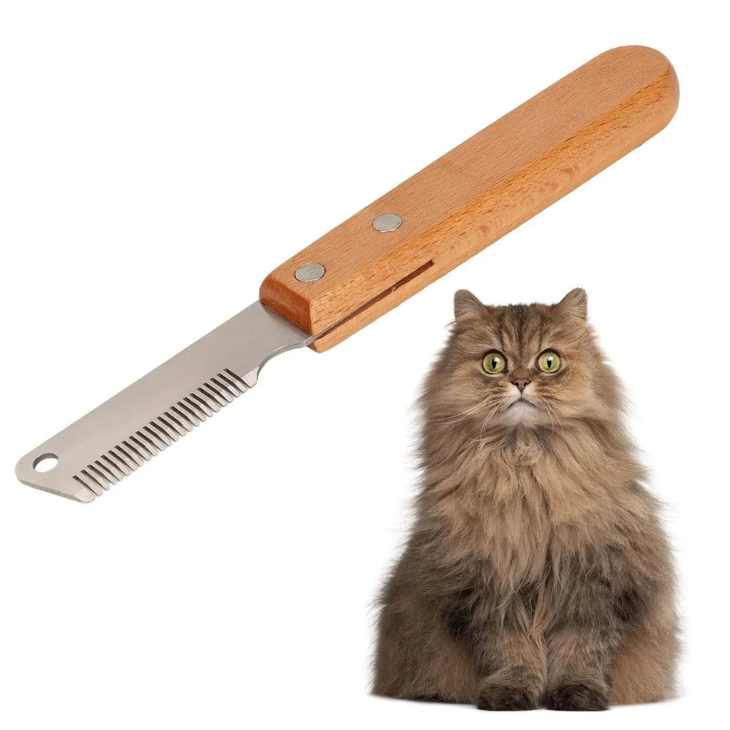 Wooden handle pet stripping comb for grooming dogs and cats, shown in two size options.