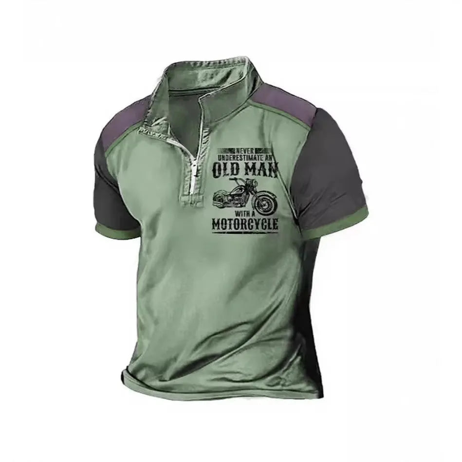 Men's short sleeve polo shirt with printed letter pattern and decorative zippers on the lapel.