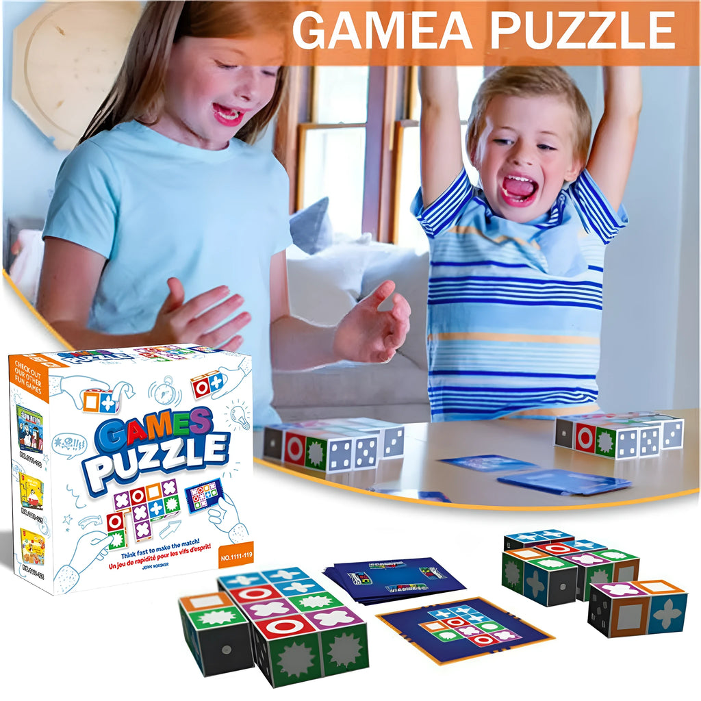 Spatial logical thinking board game with 20 coloured ABS blocks and 60 pattern cards in a colour box.