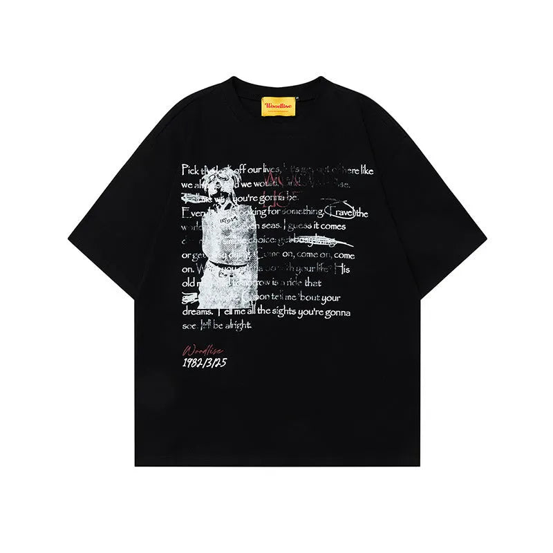 Men's black and white pure cotton t-shirt with loose fit and hip hop retro style