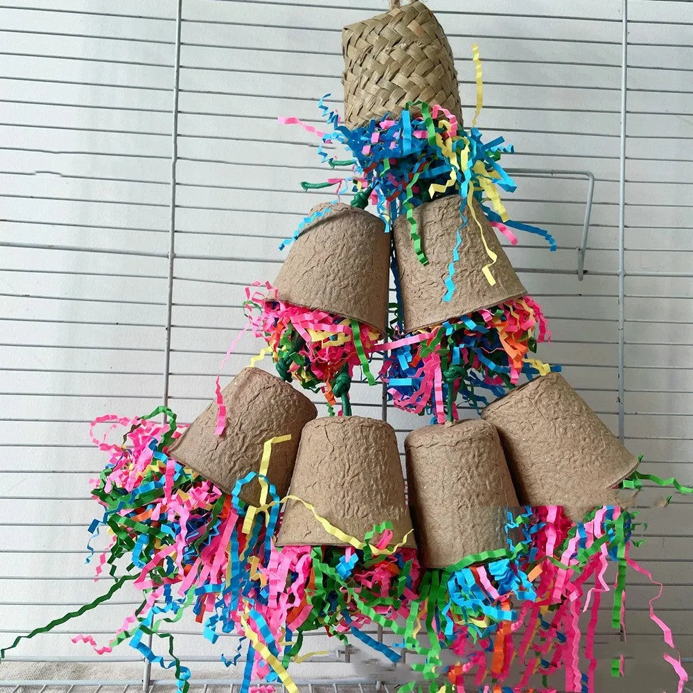Wood tone palm weaving parrot gnawing toy shaped like a paper cup with 38cm hanging cord