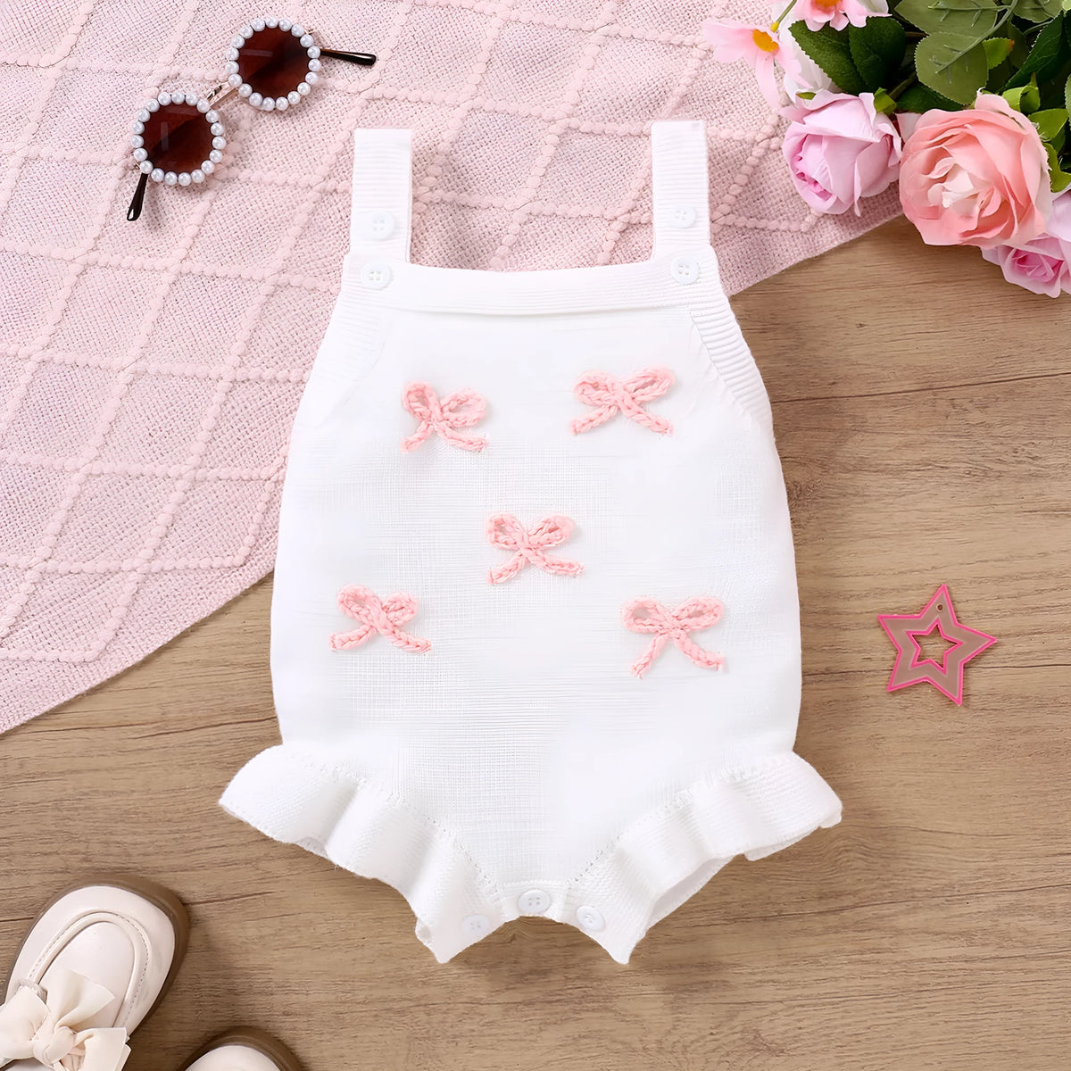 Baby sling-style wool blend romper with bow embroidery, in white or pink, sizes 0-3M to 12-18M