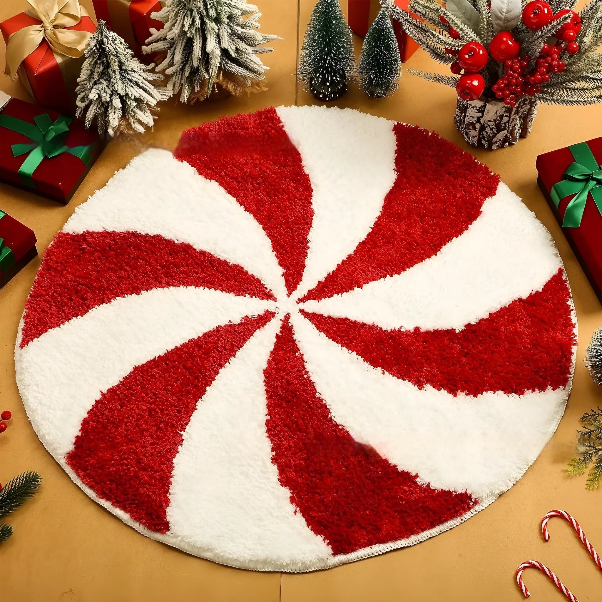 Square Christmas-themed polyester carpet with festive printed design, shown in 60cm and 80cm sizes.