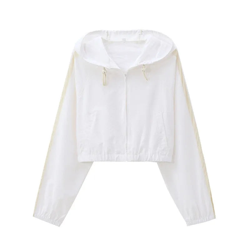 Women's hooded sunscreen top with loose fit polyester long sleeves in picture colour