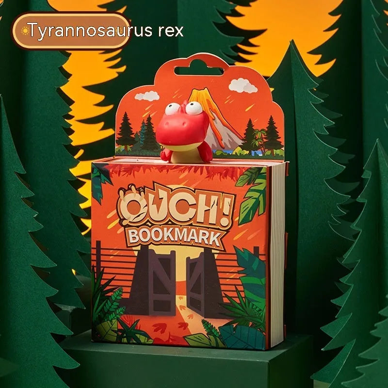 Dinosaur series bookmark showing animated Tyrannosaurus Rex, Triceratops, Stegosaurus designs